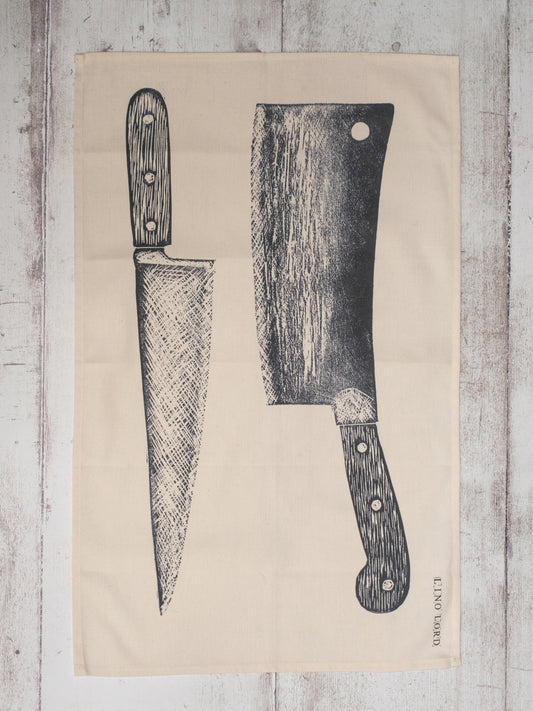 Cotton Tea Towel with Knife and Cleaver Lino Print