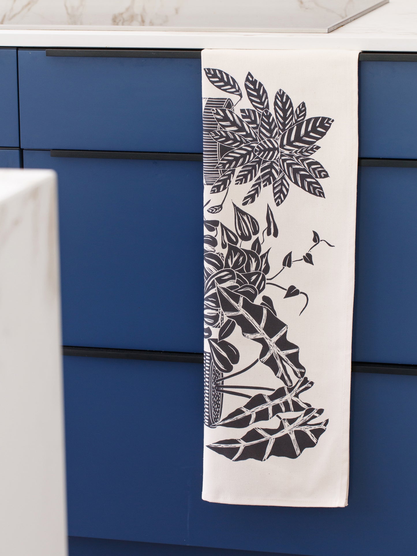 Cotton Tea Towel with Three Houseplants on a Shelf Lino Print