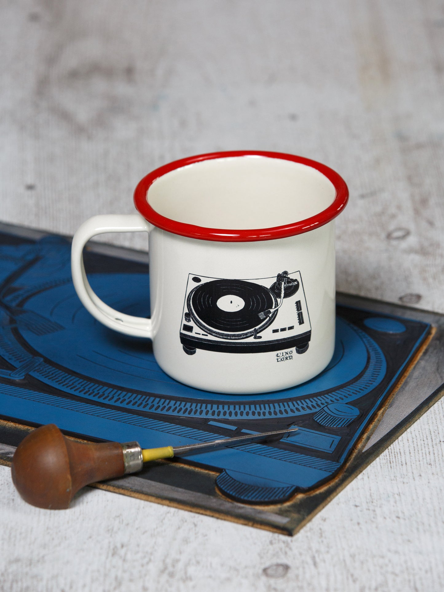 Cream Enamel Mug with Record Deck Design