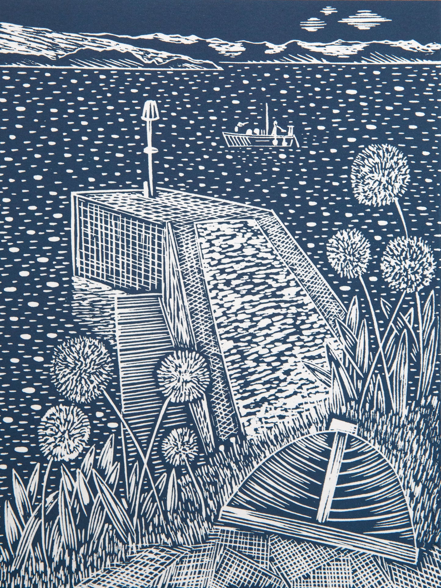 Alliums and Breakwater, The Lugger, Portscatho Lino Print