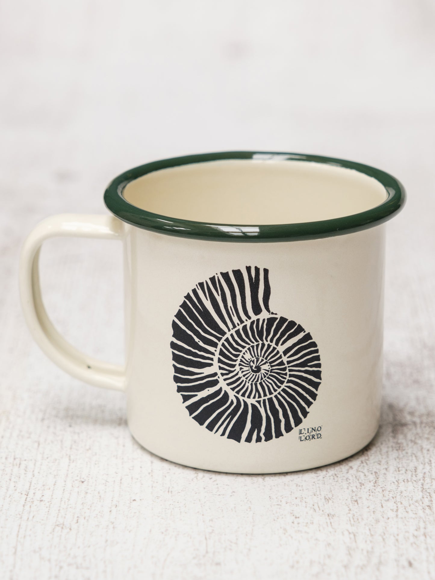 Cream Enamel Mug with Ammonite Design