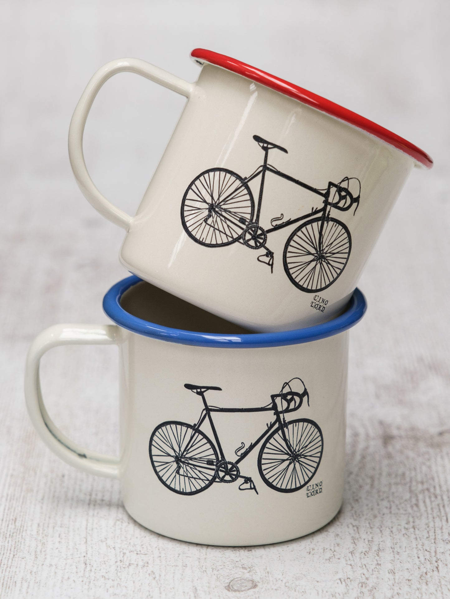 Cream Enamel Mug with Vintage Racing Bicycle Design