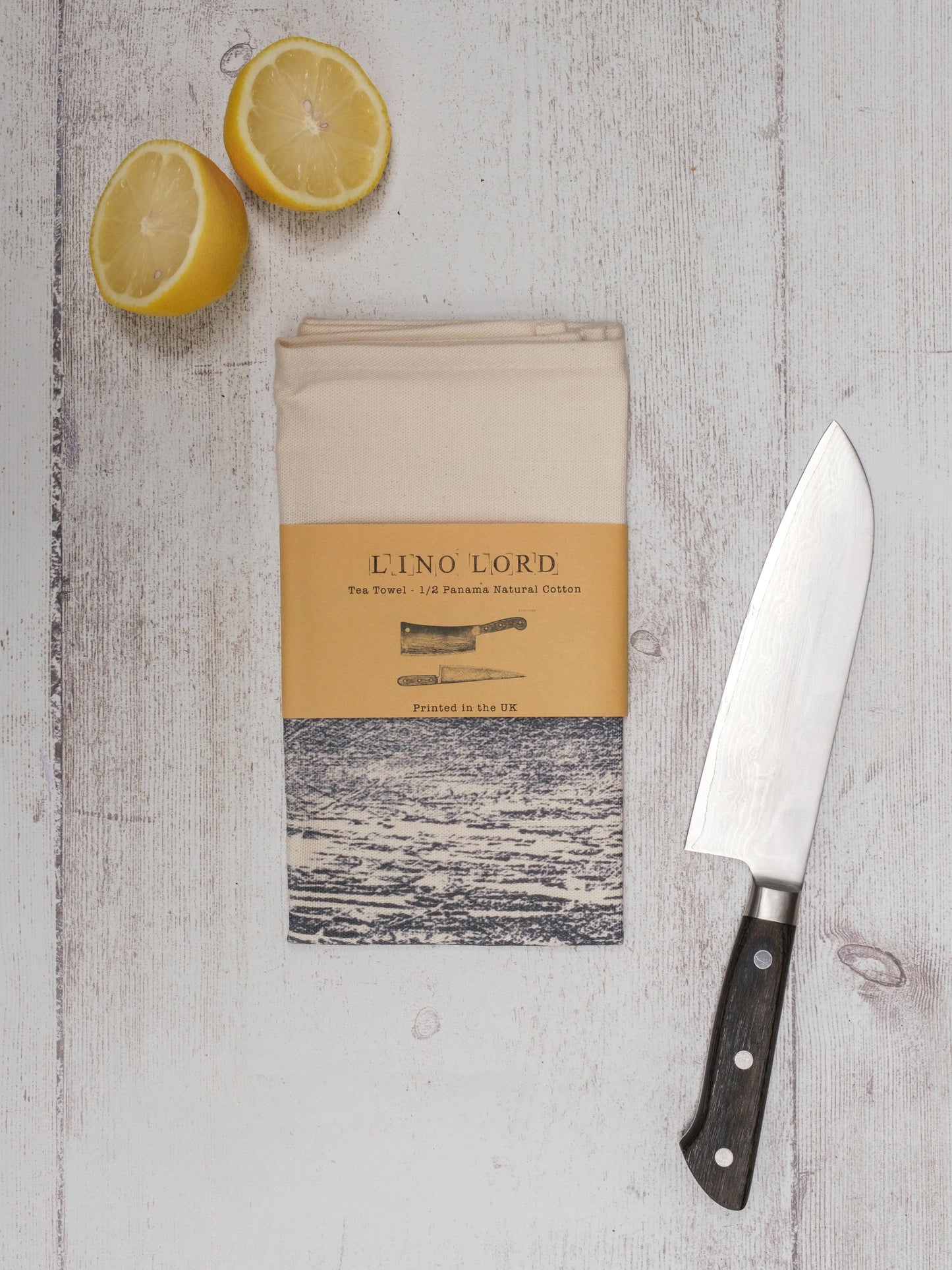 Cotton Tea Towel with Knife and Cleaver Lino Print