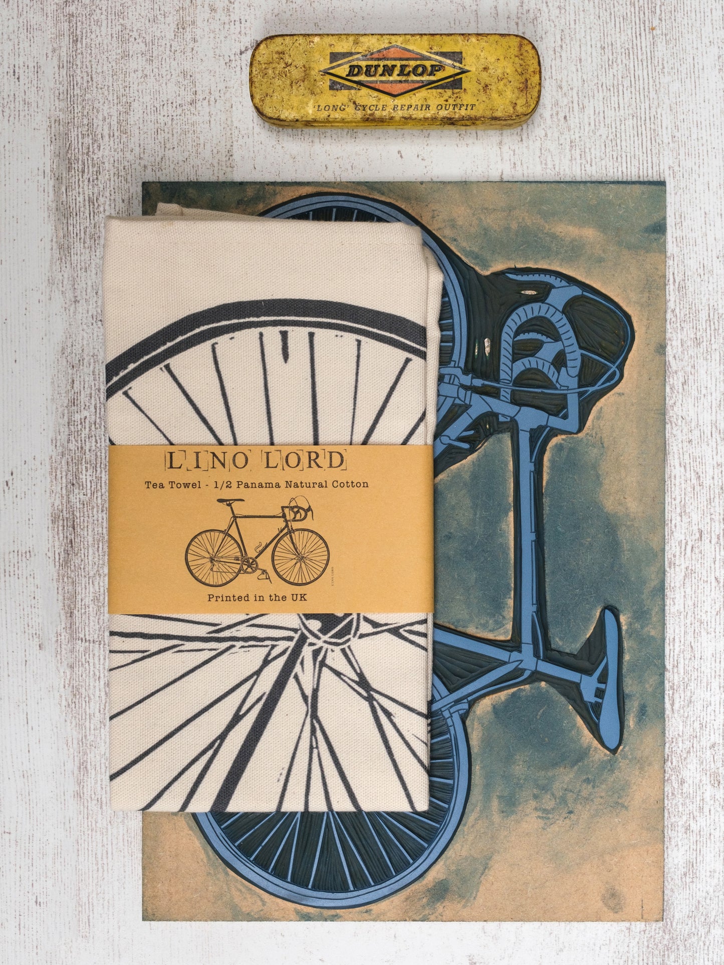 Cotton Tea Towel with Bicycle Lino Print