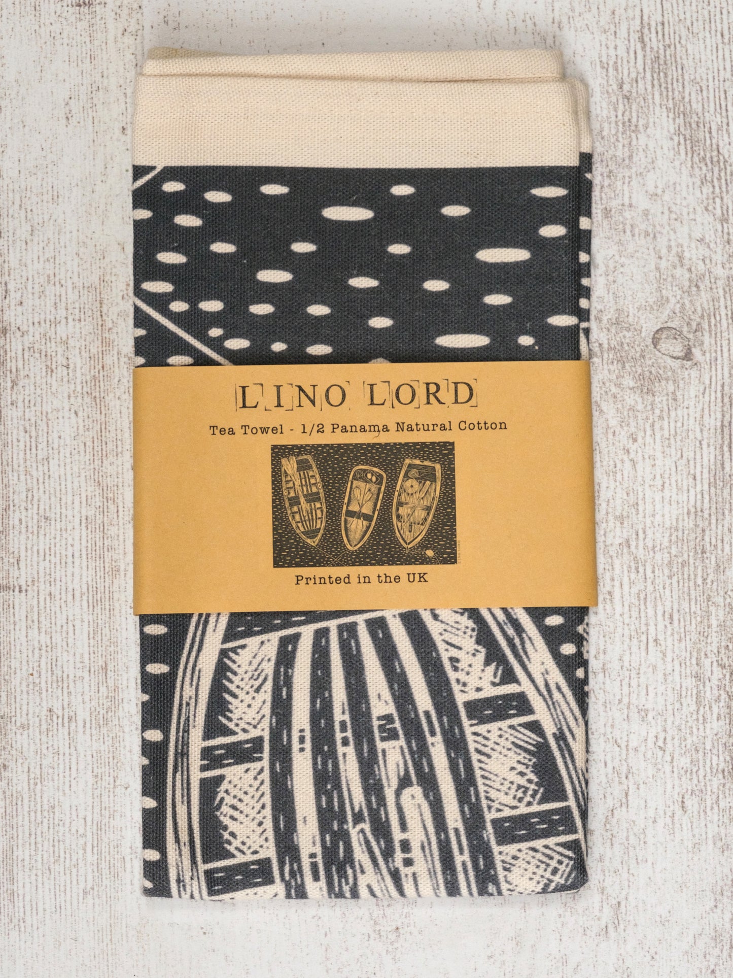 Cotton Tea Towel with Three Rowing Boats Lino Print