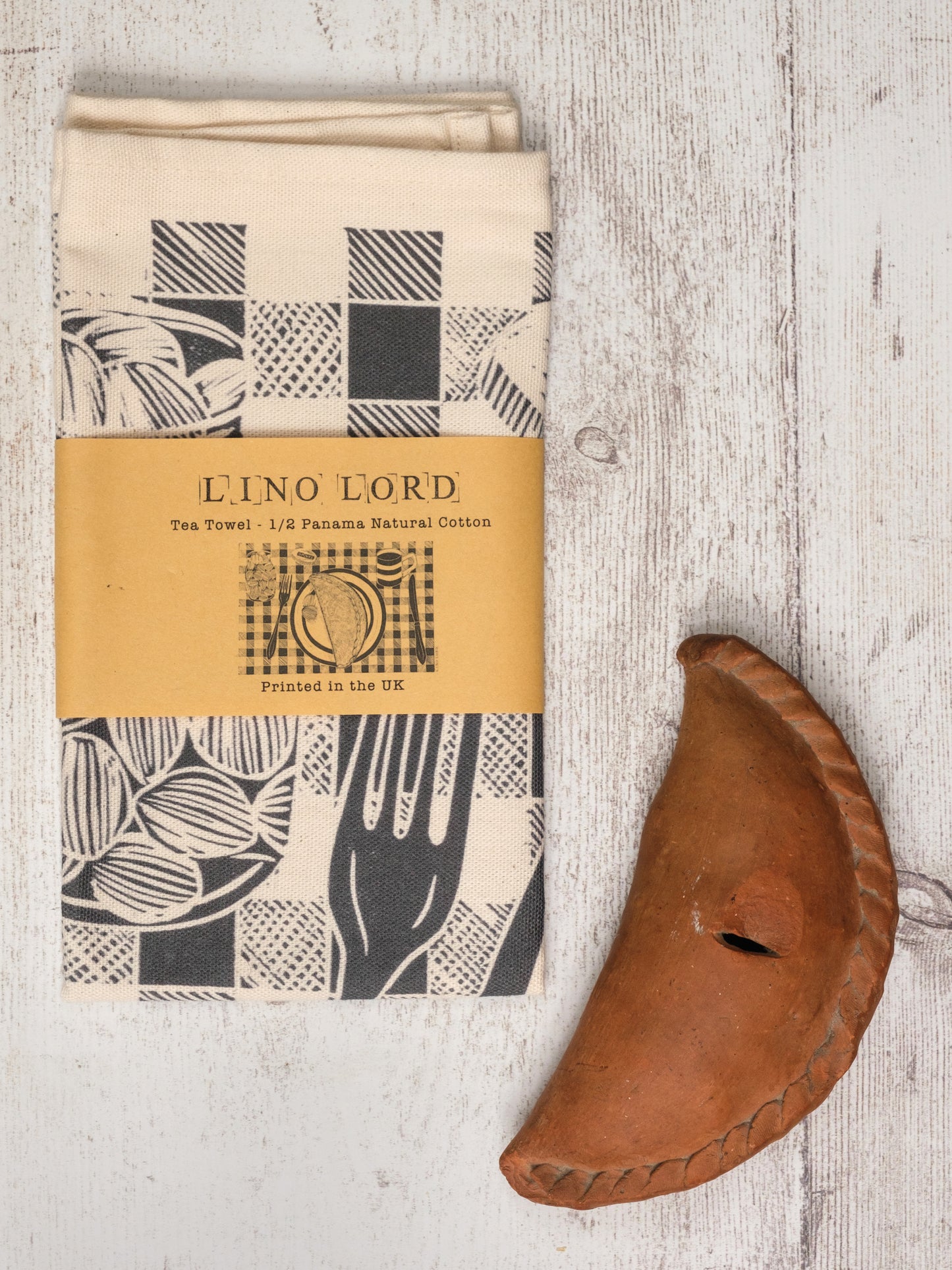 Cotton Tea Towel with a Cornish Pasty on a Plate Lino Print