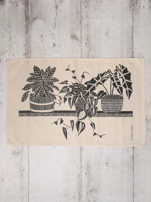 Cotton Tea Towel with Three Houseplants on a Shelf Lino Print