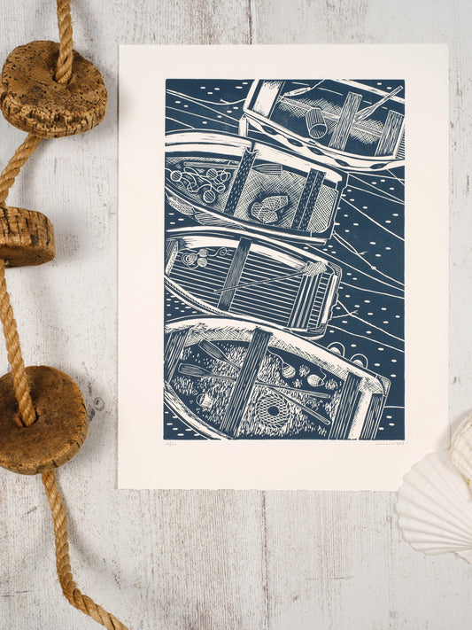 Four Rowing Boats From Above, St Ives, Cornwall Lino Print