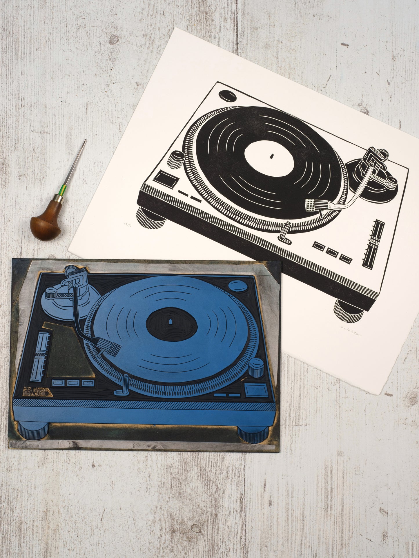 Record Deck, Turntable Lino Print. The Vinyl Revival!