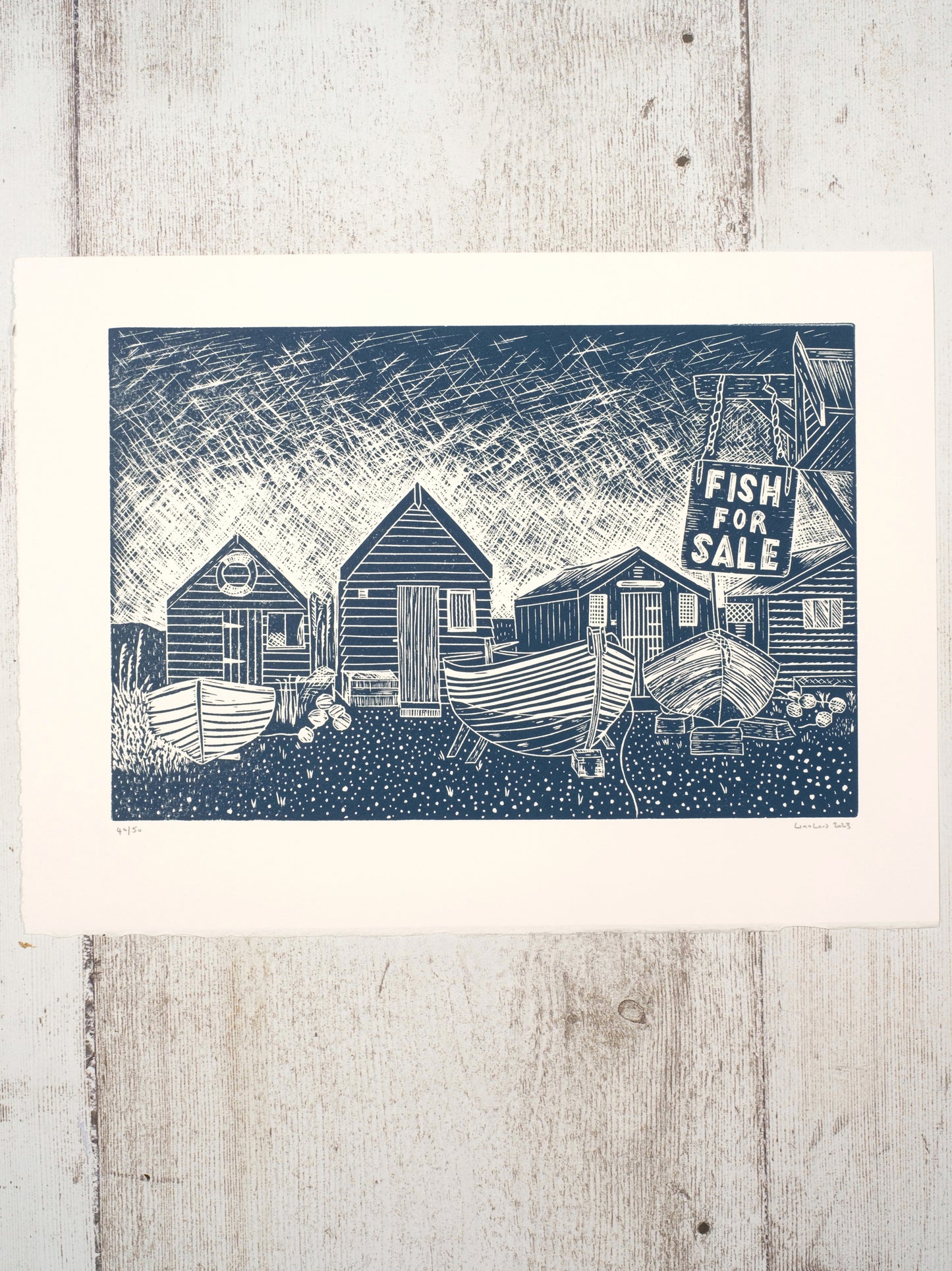 Limited Edition Lino Print of Fisherman's Huts Southwold, Suffolk, Coastal, Interior Design, Homes