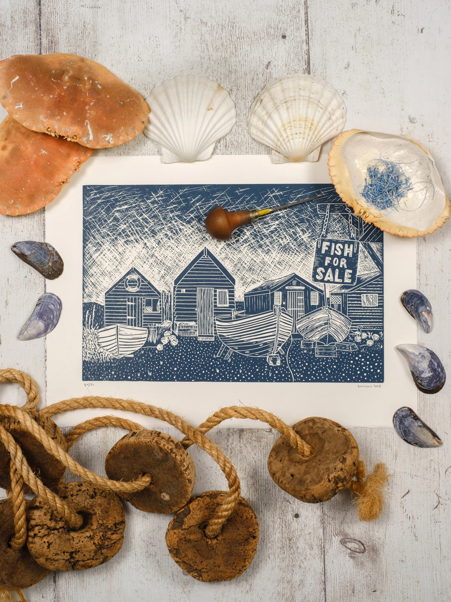 Limited Edition Lino Print of Fisherman's Huts Southwold, Suffolk, Coastal, Interior Design, Homes