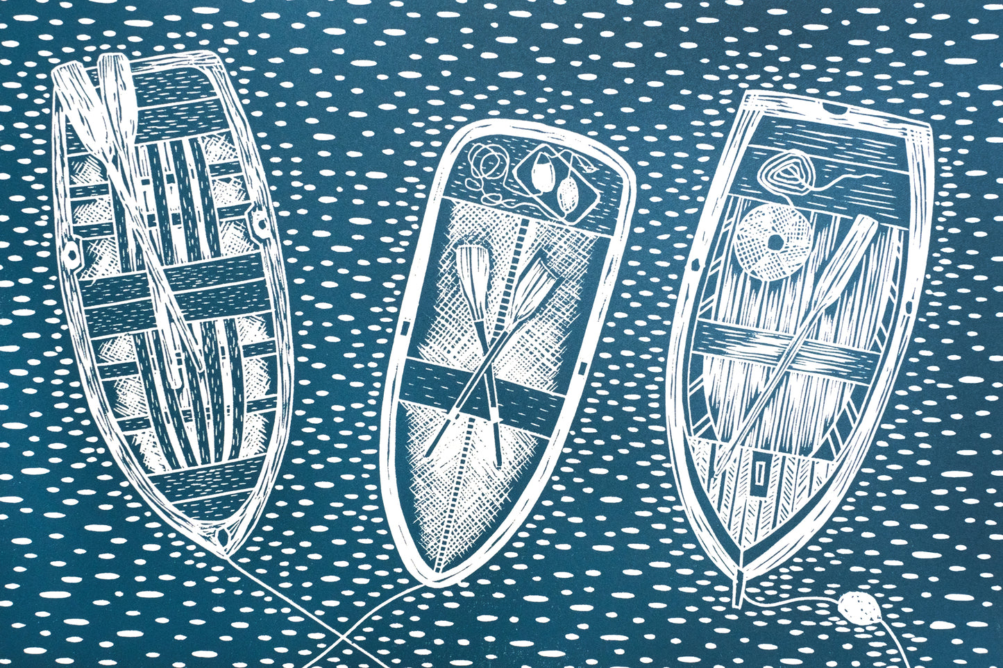 Three Rowing Boats Lino Print - Teal