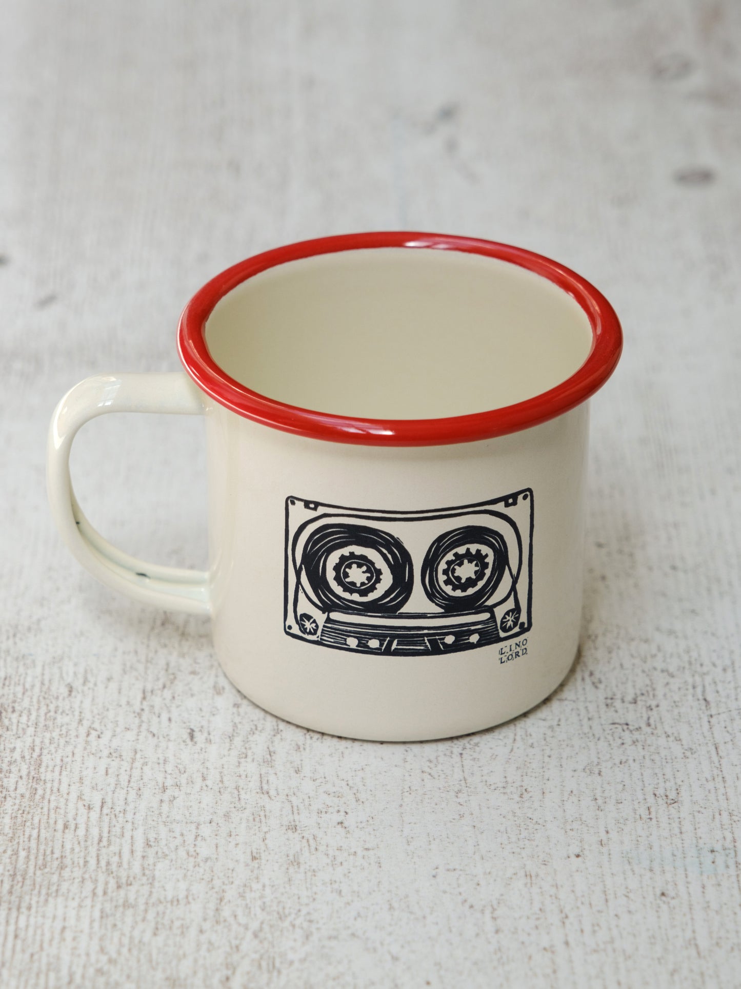Cream Enamel Mug with Cassette Tape Design