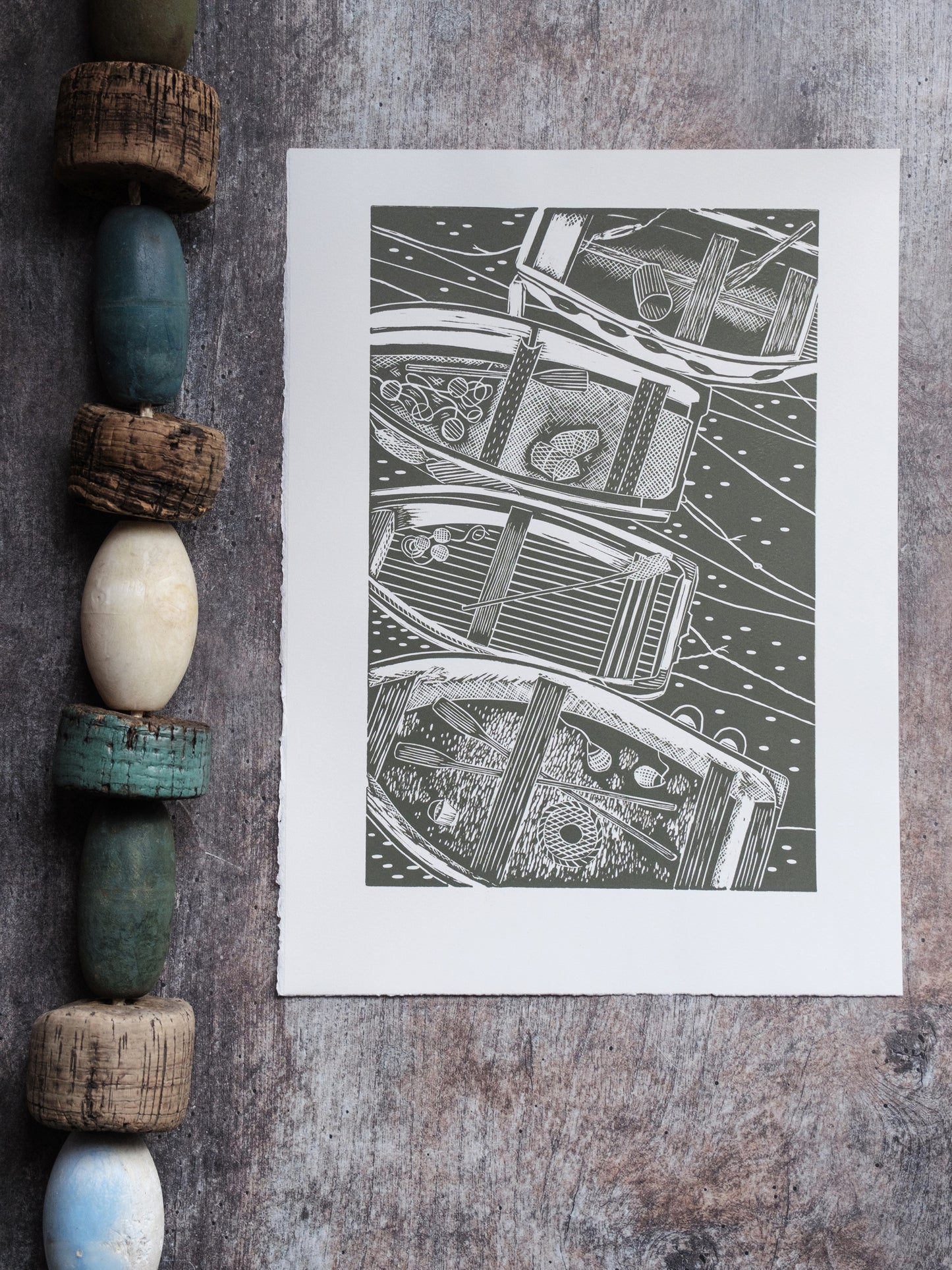 Four Rowing Boats From Above, Wild Green Lino Print - Test Print