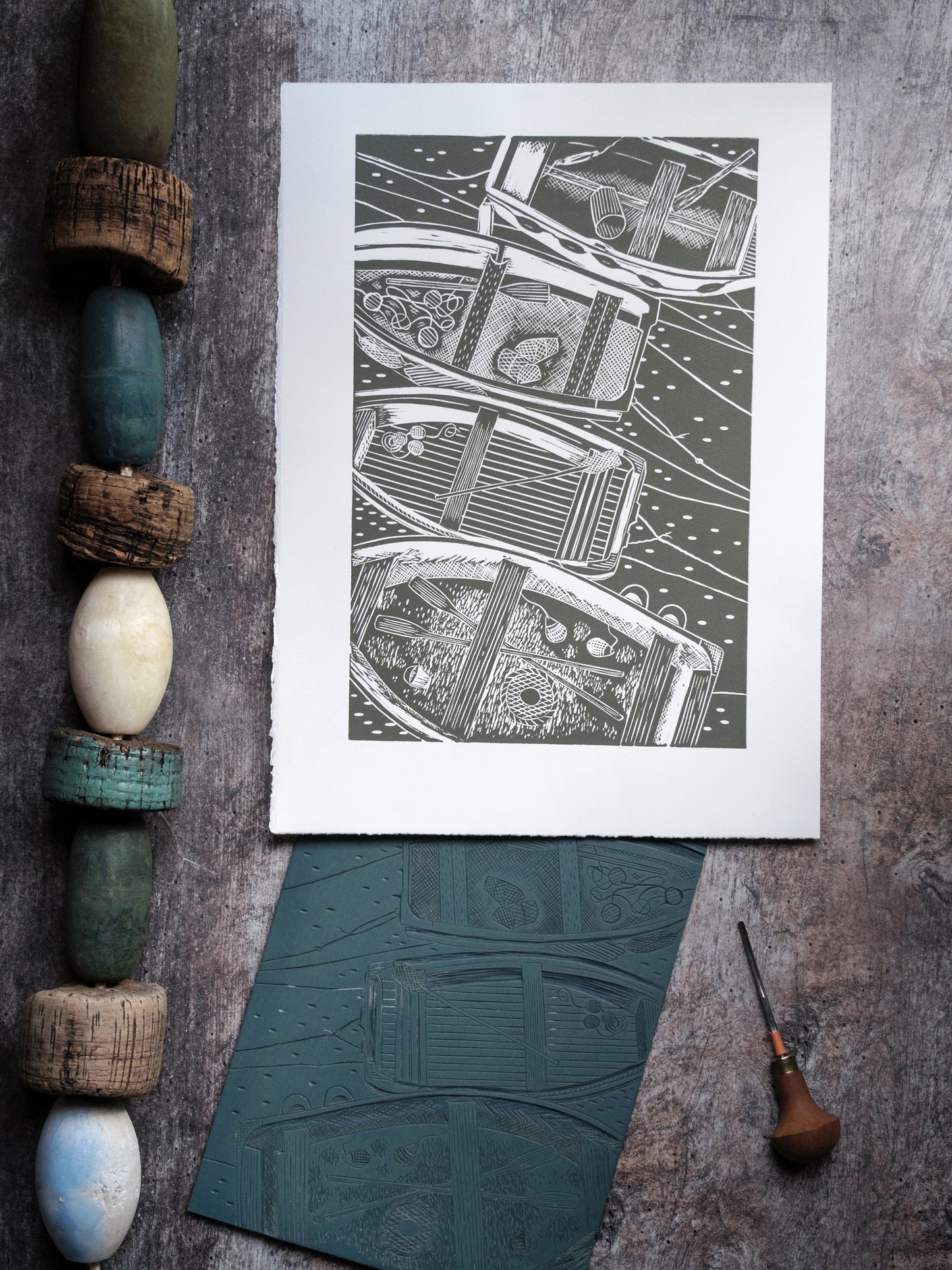 Four Rowing Boats From Above, Wild Green Lino Print - Test Print
