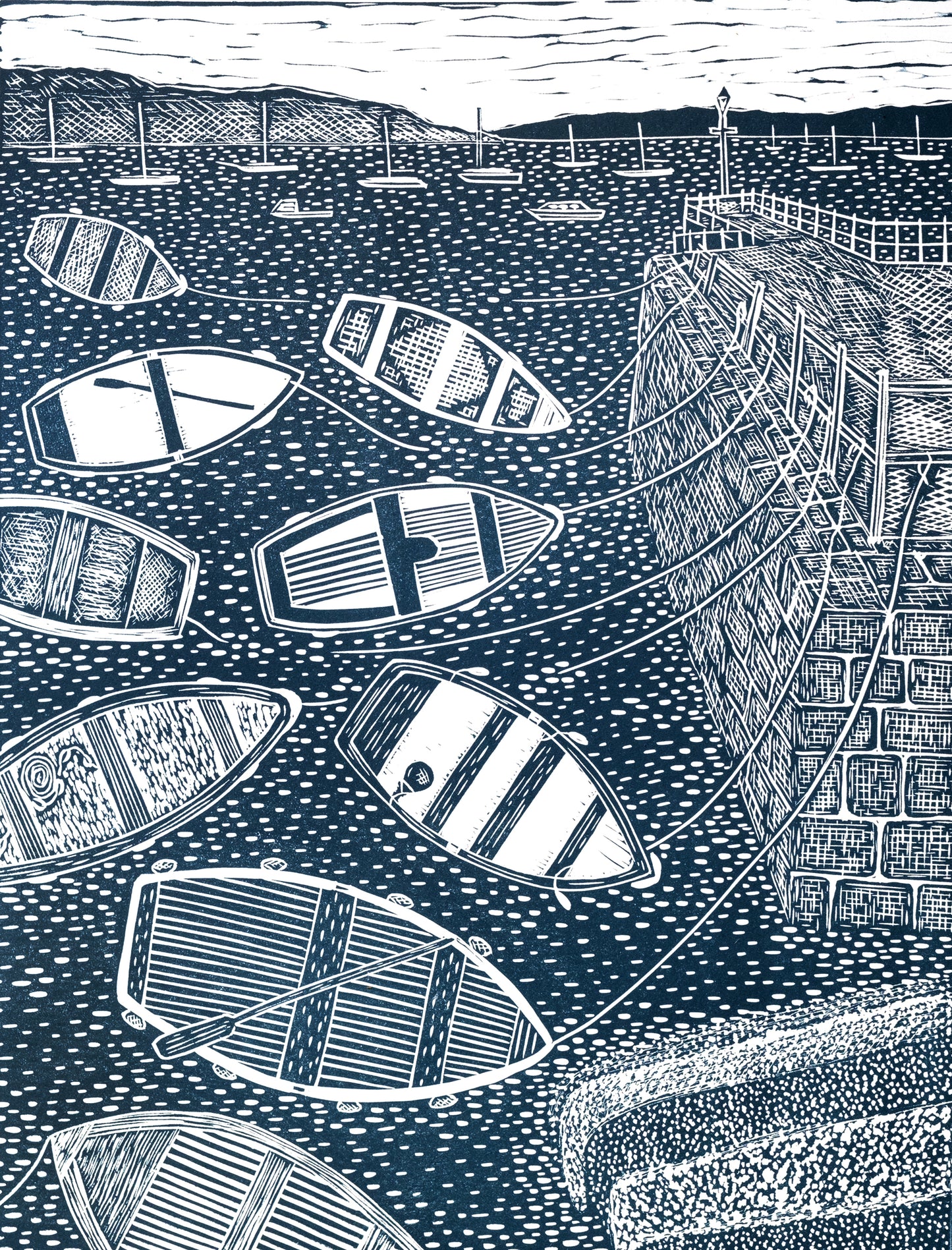 Nine Boats, Fish Strand Quay, Falmouth Lino Print