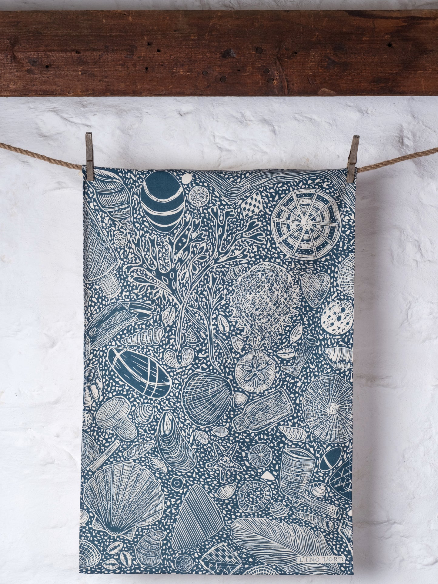 Organic Cotton Tea Towel with Hidden Beach Finds Lino Print