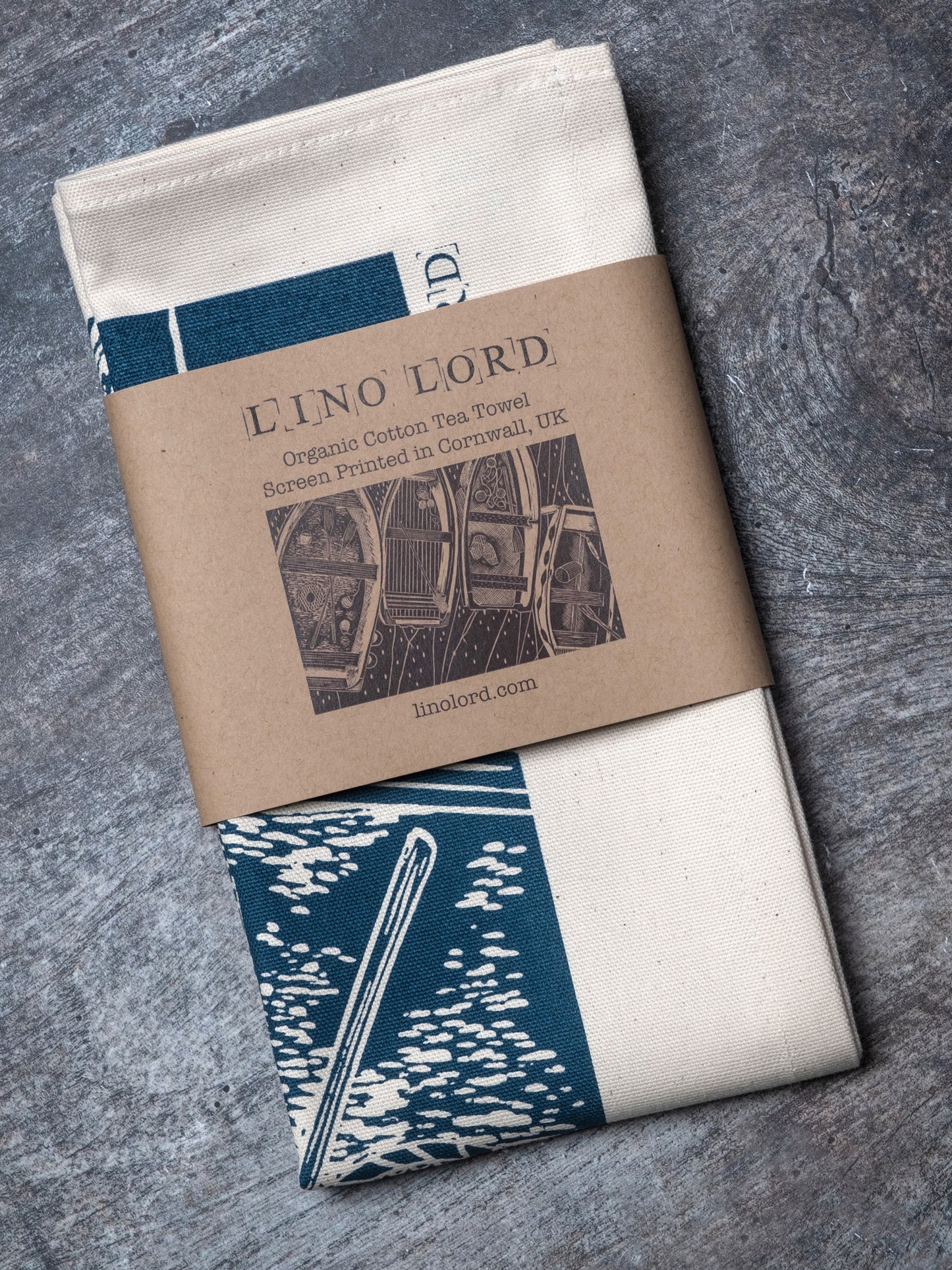 Organic Cotton Tea Towel with Four Boats From Above Lino Print