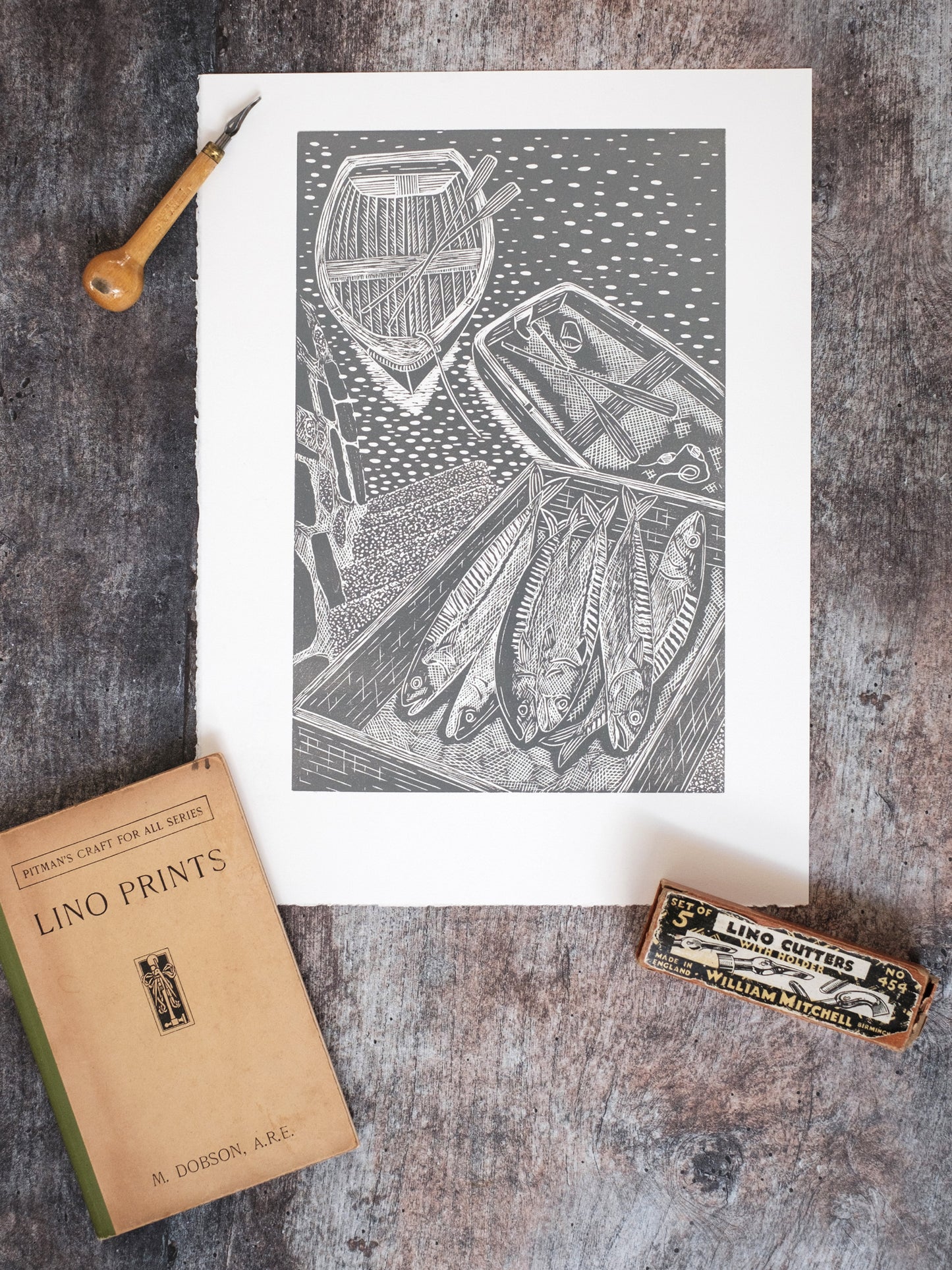 Fresh Mackerel on Quayside, French Grey, Falmouth Cornwall Lino Print