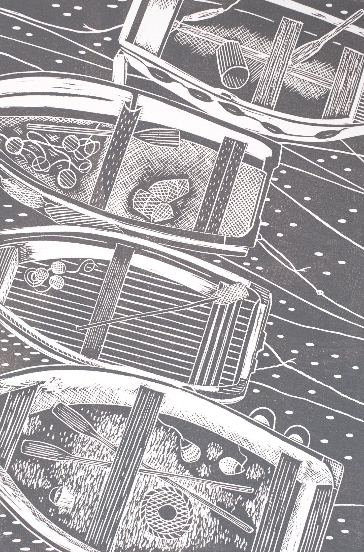 Four Rowing Boats From Above, French Grey, St Ives, Cornwall Lino Print