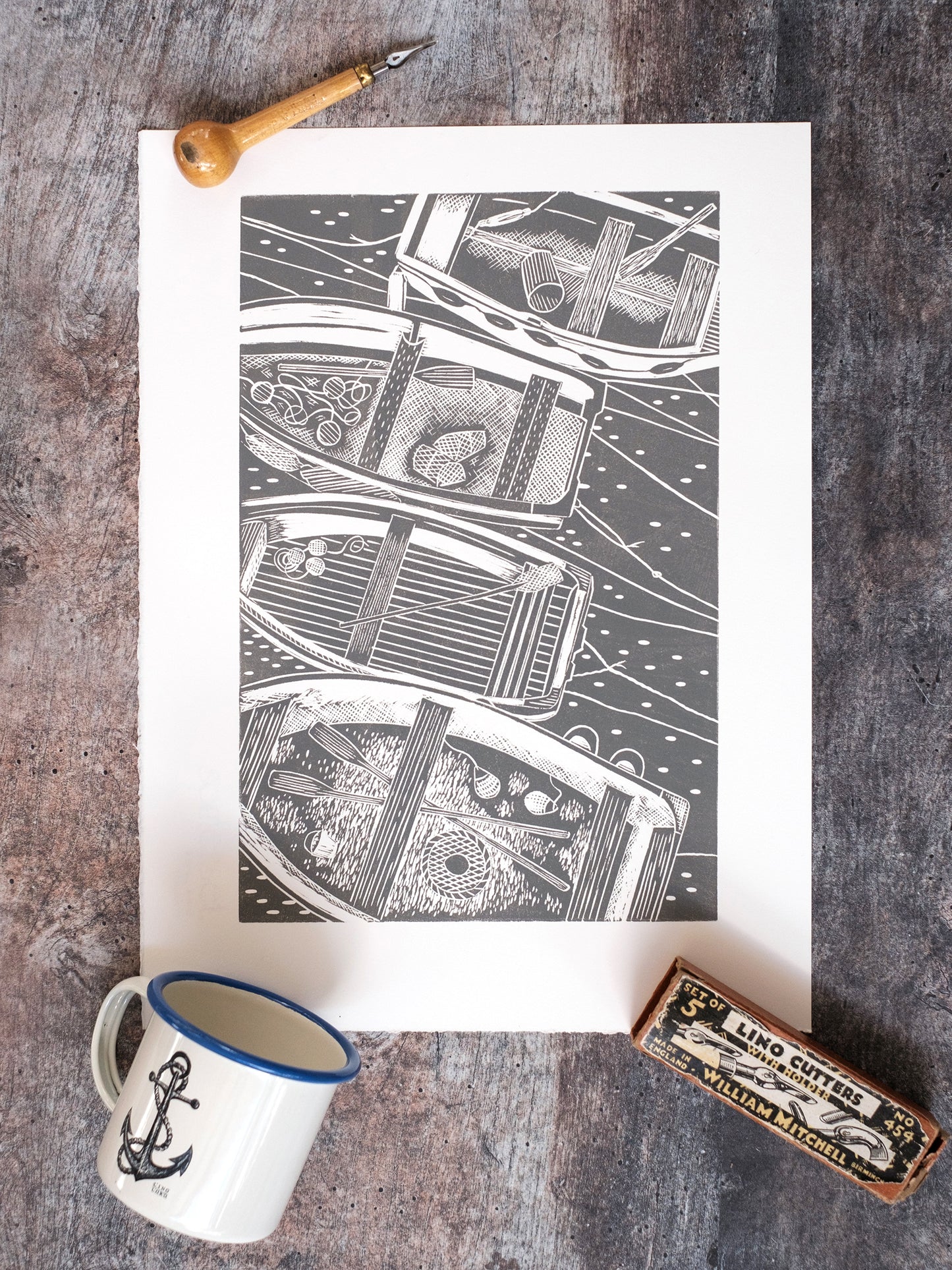 Four Rowing Boats From Above, French Grey, St Ives, Cornwall Lino Print