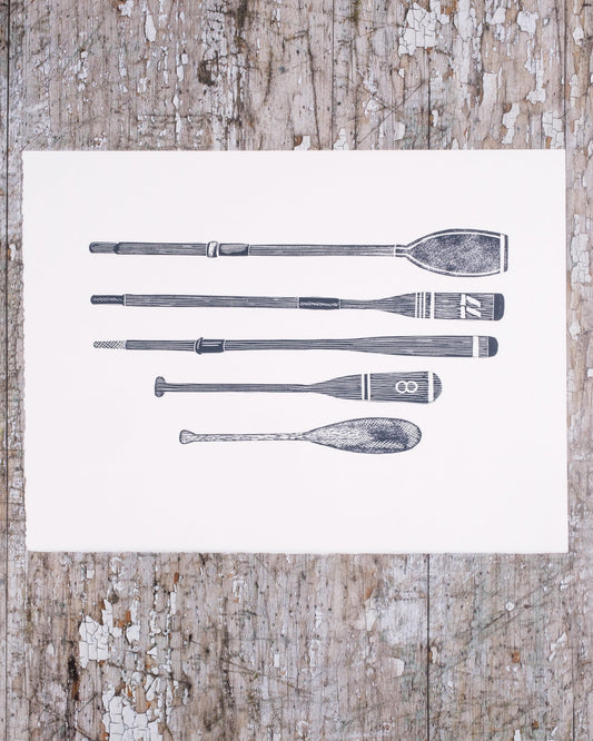 Selection of Oars and Paddles Lino Print - Test Print