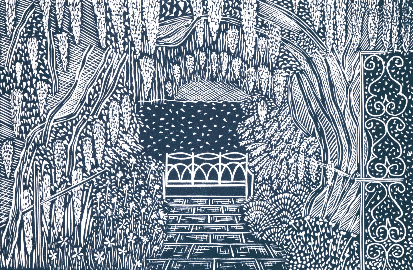 Wisteria Tunnel, Waterperry Gardens, Oxfordshire Lino Print