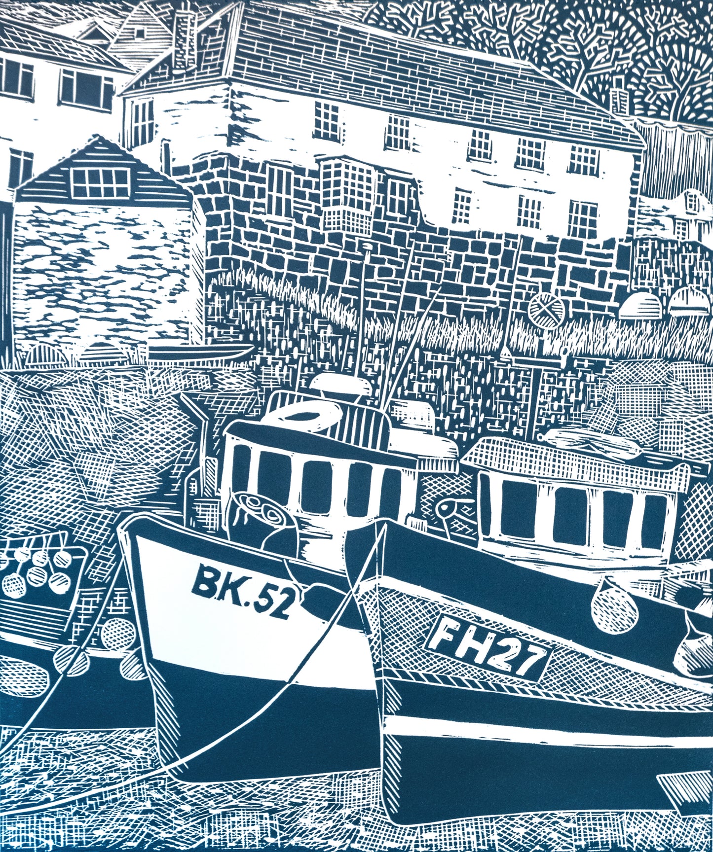Fishing Boats, Coverack Harbour Limited Edition Lino Print