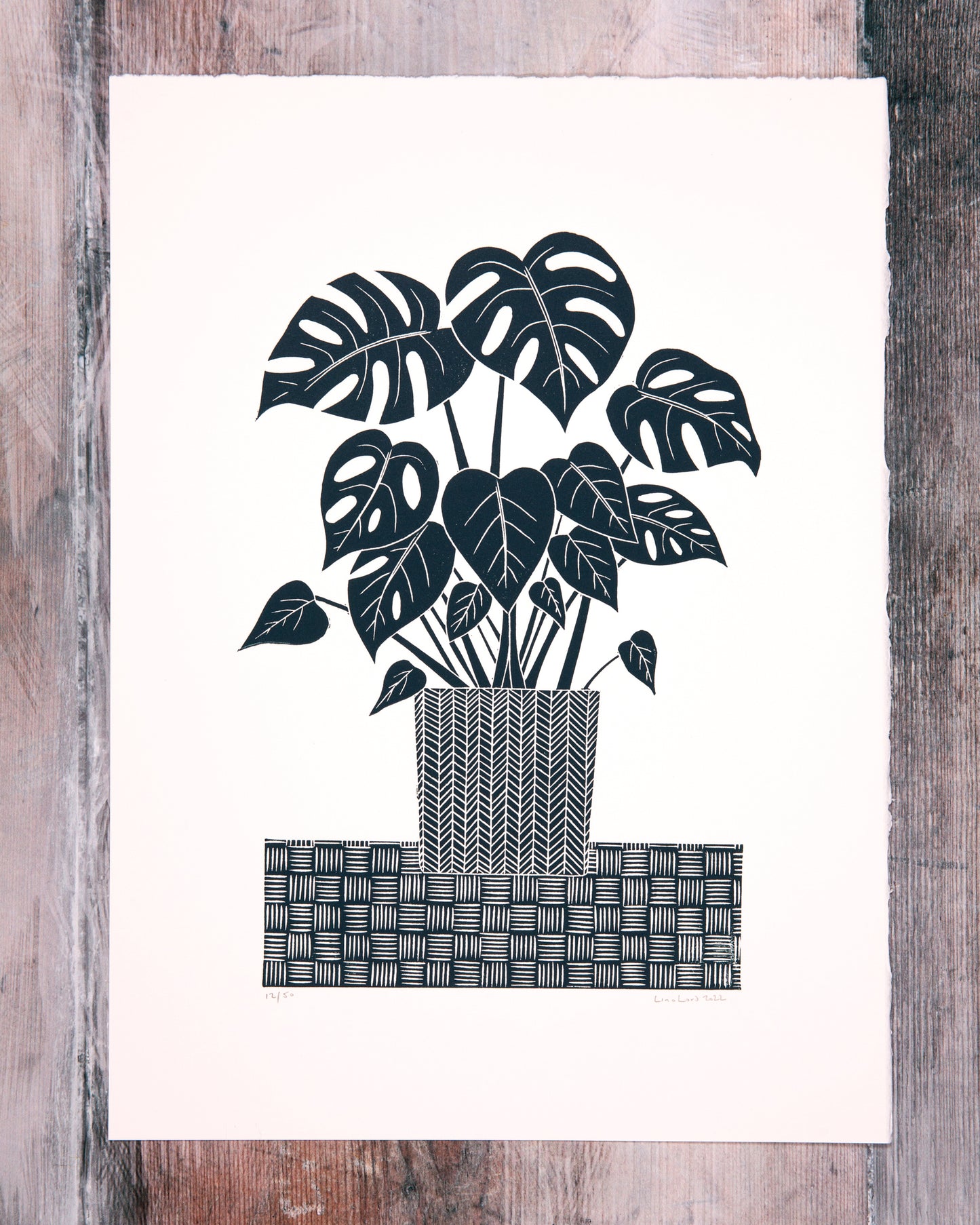 Monstera Houseplant on a Table Limited Edition Lino Print