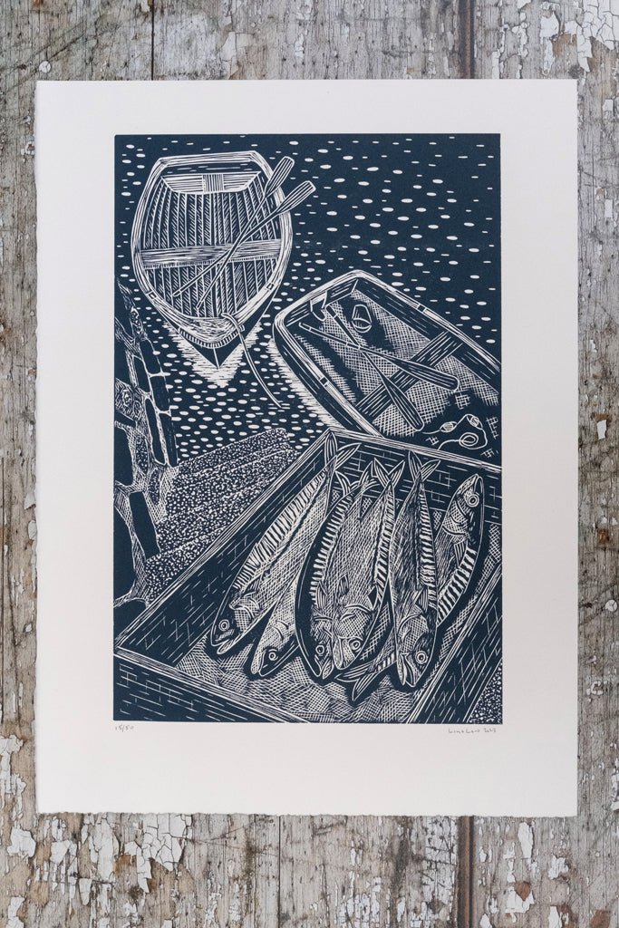 Fresh Mackerel on Quayside, Falmouth Cornwall Lino Print