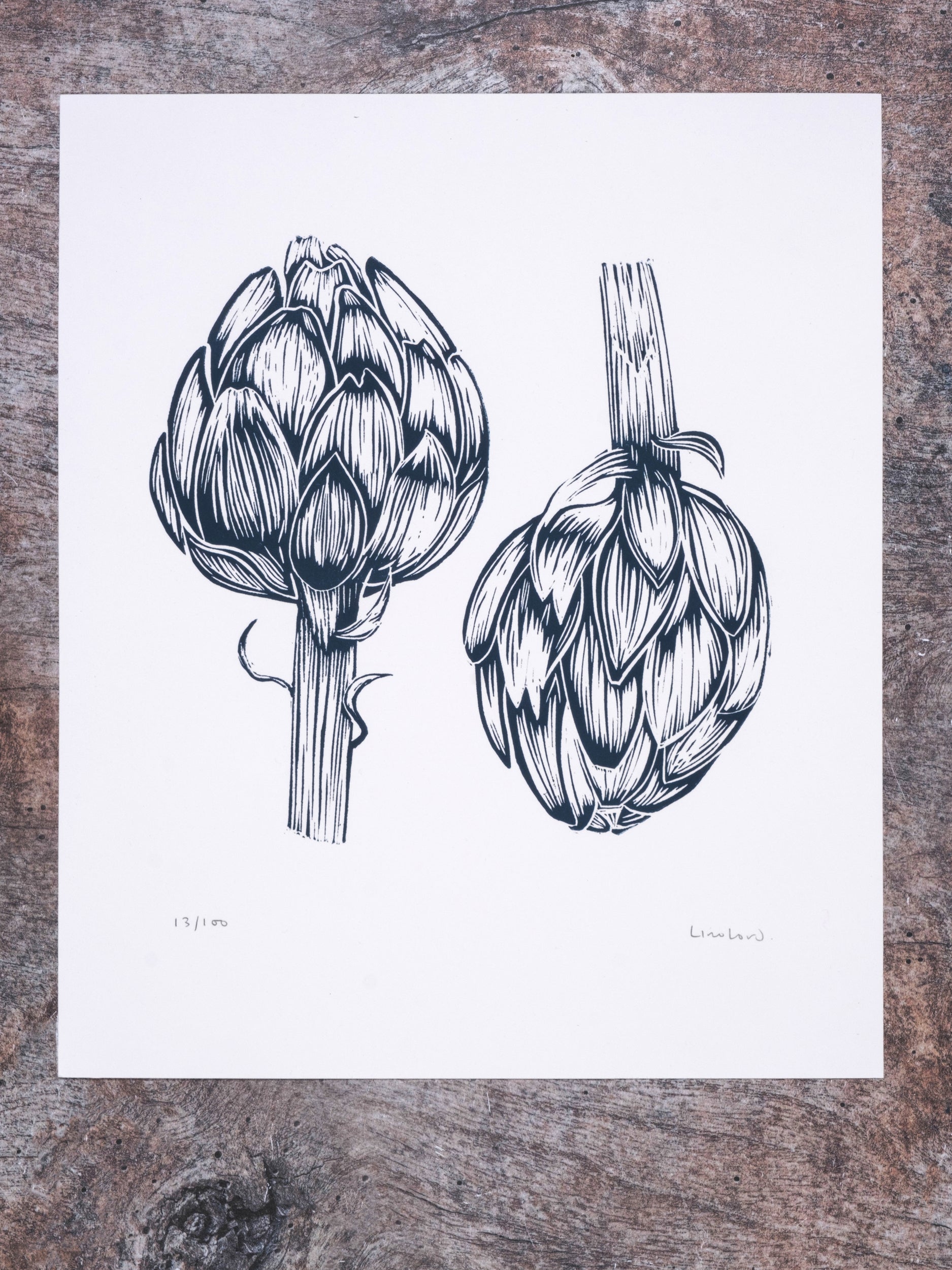 Lino Lord Two Artichokes Limited Edition Lino Print