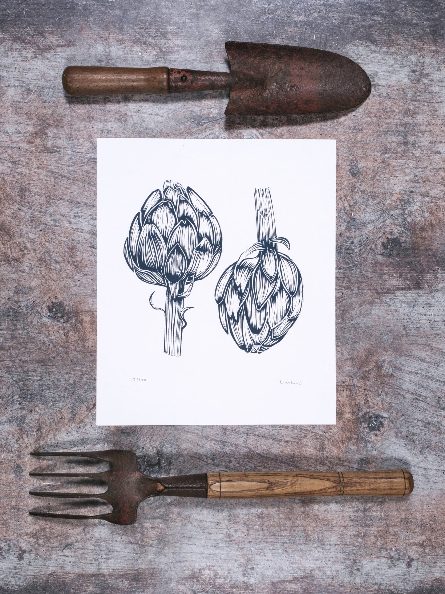 Two Artichokes Limited Edition Lino Print
