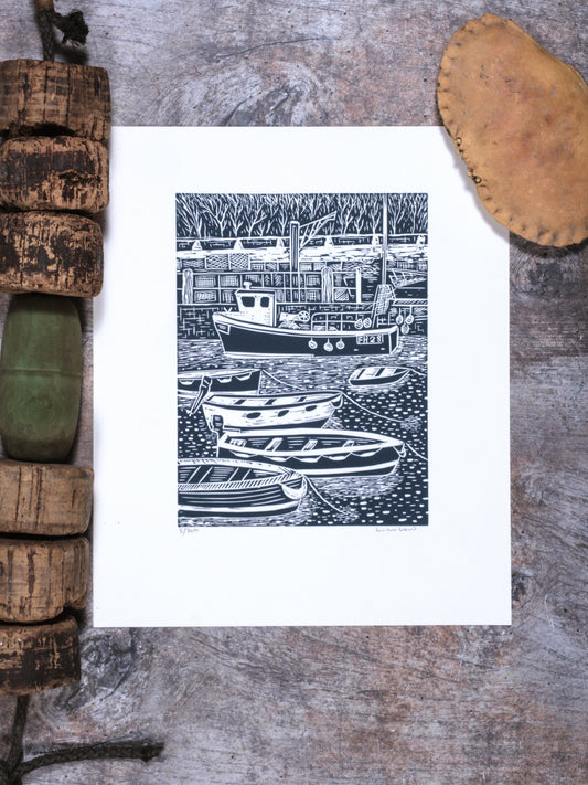Bringing in the Catch, St Mawes Limited Edition Lino Print