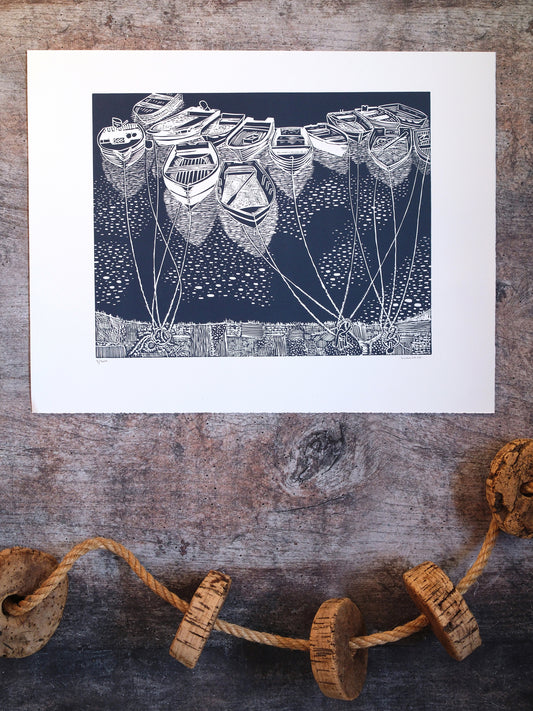 Tenders off the Quayside, Mevagissey Limited Edition Lino Print