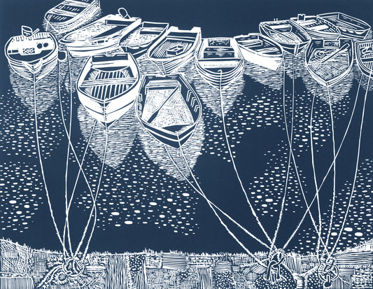 Tenders off the Quayside, Mevagissey Limited Edition Lino Print