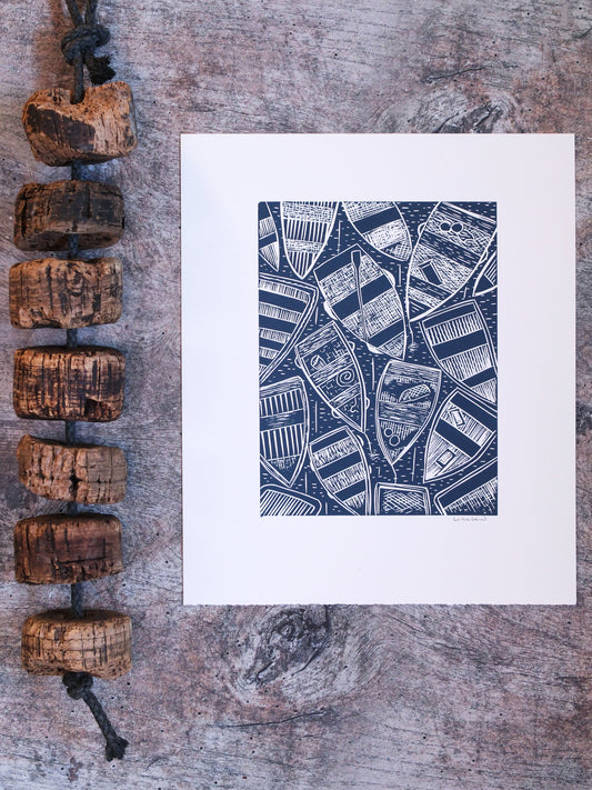 Abstract Tenders from Above, Mevagissey Open Edition Lino Print
