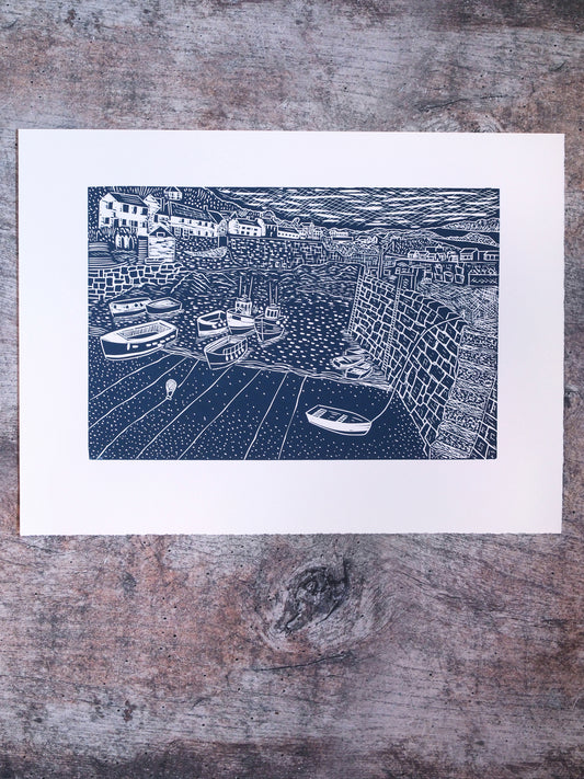 Sitting on the Quayside, Coverack Open Edition Lino Print