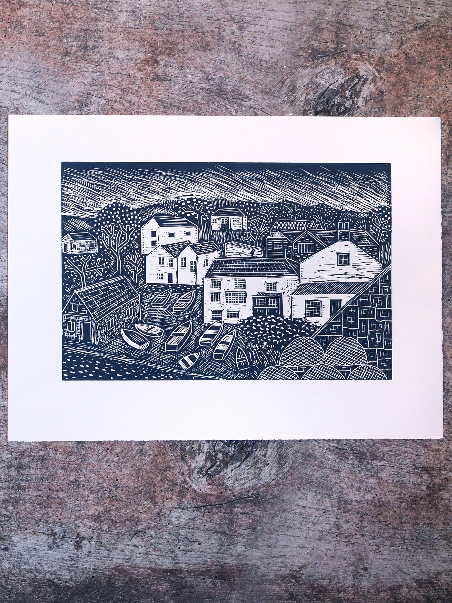 View towards Porthole Harbour, Open Edition Lino Print