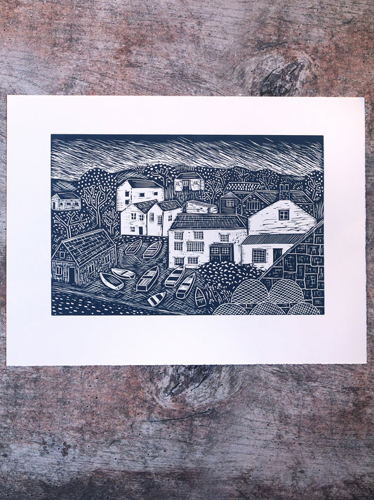 View towards Portloe Harbour, Open Edition Lino Print