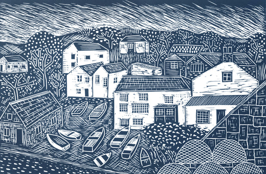 View towards Portloe Harbour, Open Edition Lino Print