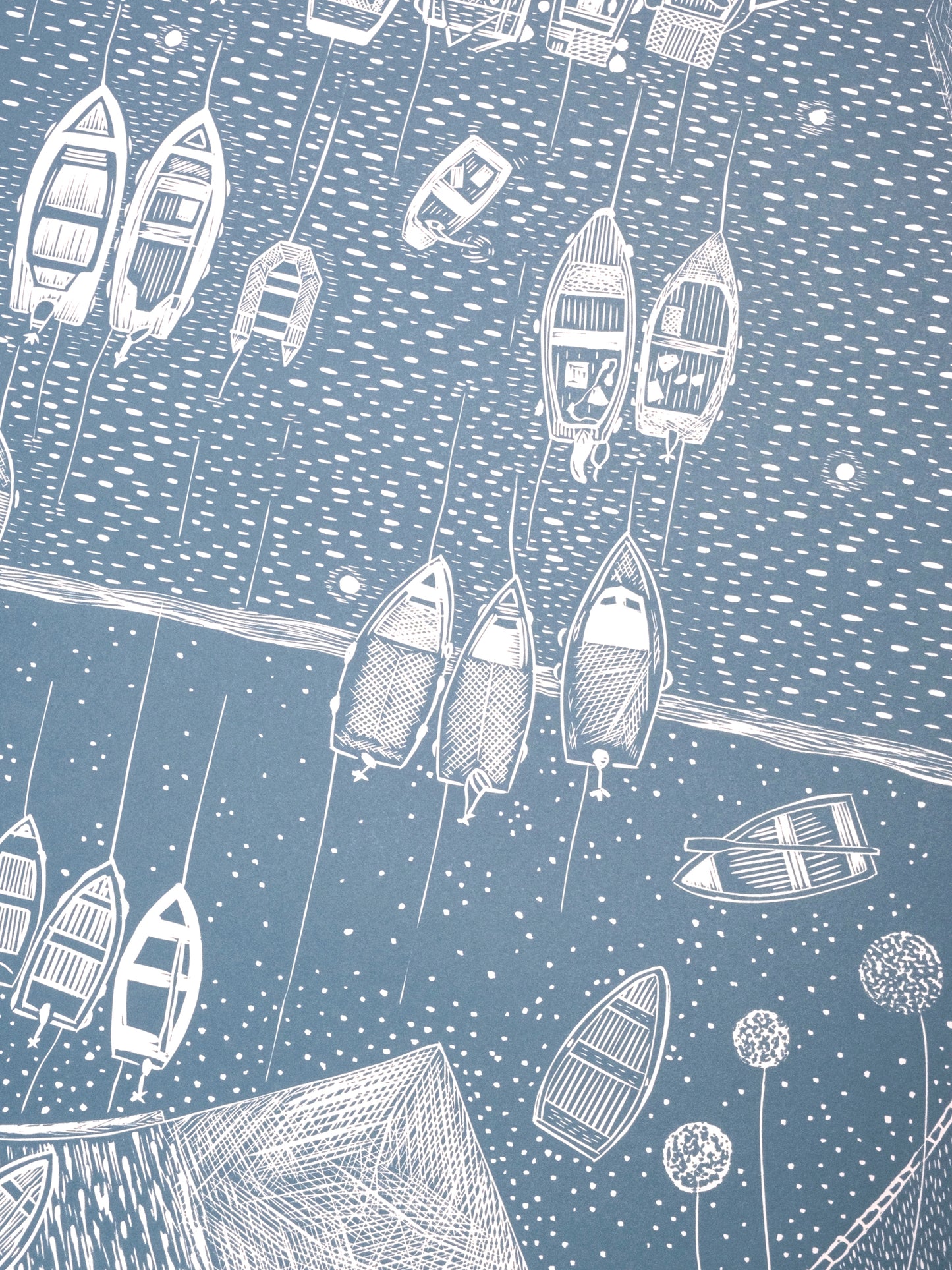End of the Day, Portscatho Harbour, Powder Blue Limited Edition Lino Print