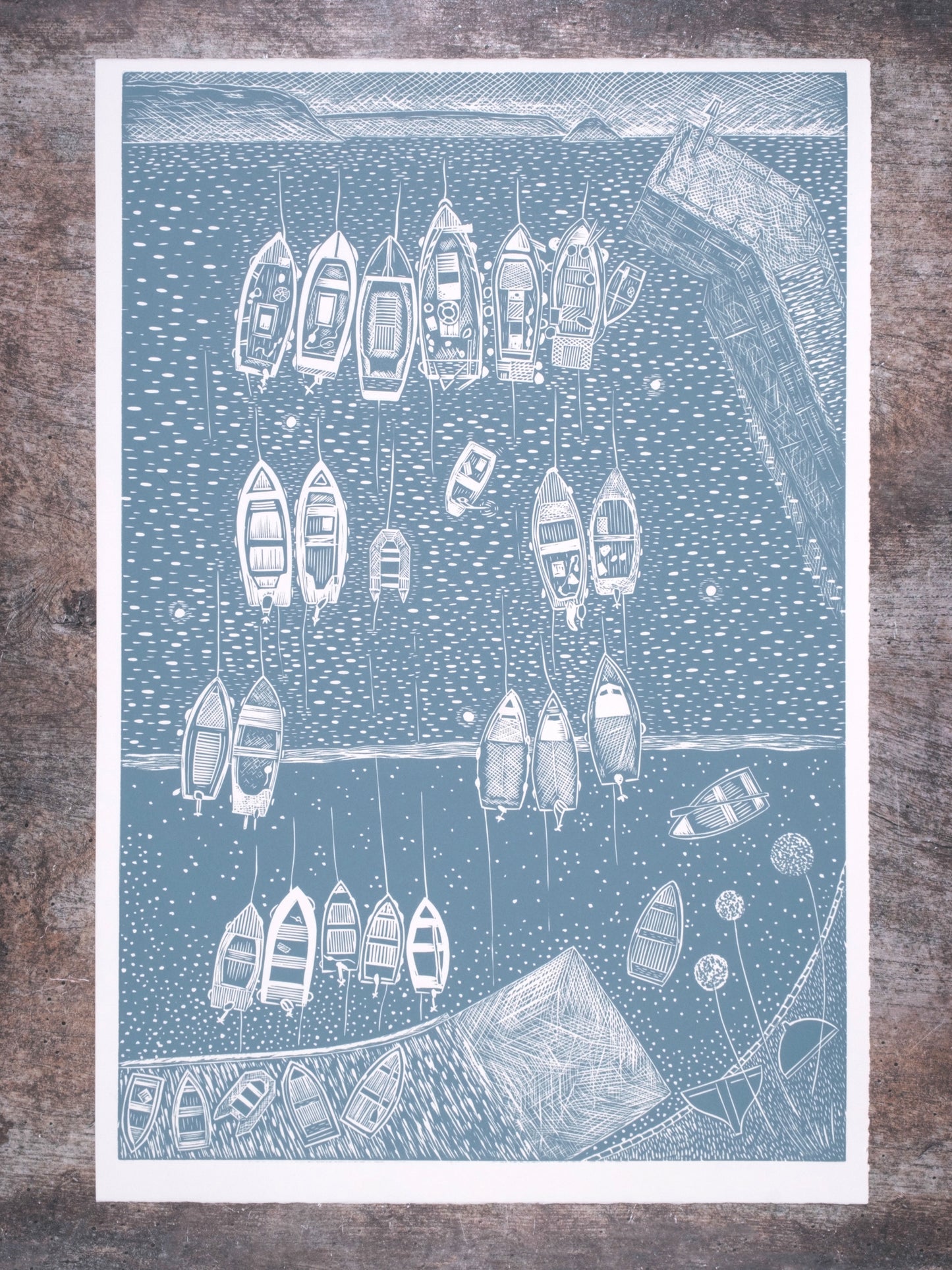 End of the Day, Portscatho Harbour, Powder Blue Limited Edition Lino Print