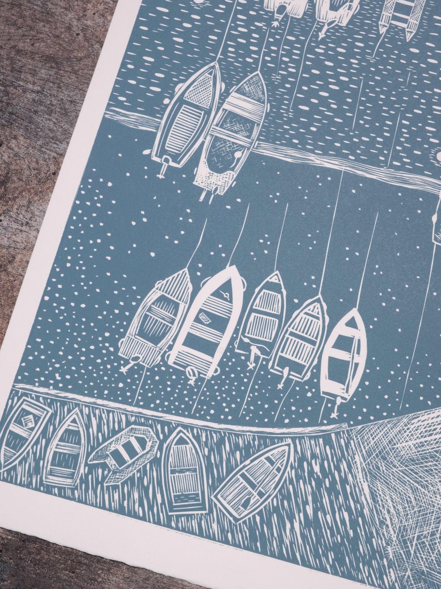 End of the Day, Portscatho Harbour, Powder Blue Limited Edition Lino Print
