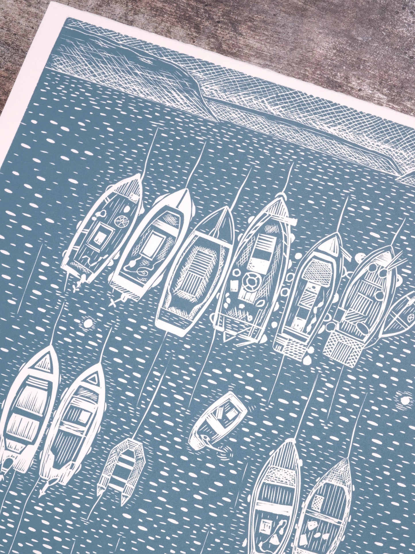 End of the Day, Portscatho Harbour, Powder Blue Limited Edition Lino Print
