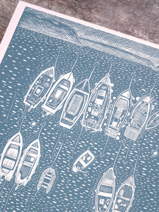 End of the Day, Portscatho Harbour, Powder Blue Limited Edition Lino Print