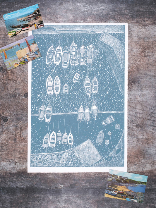 End of the Day, Portscatho Harbour, Powder Blue Limited Edition Lino Print