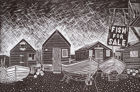 Limited Edition Lino Print of Fisherman's Huts Southwold, Suffolk - Red Black