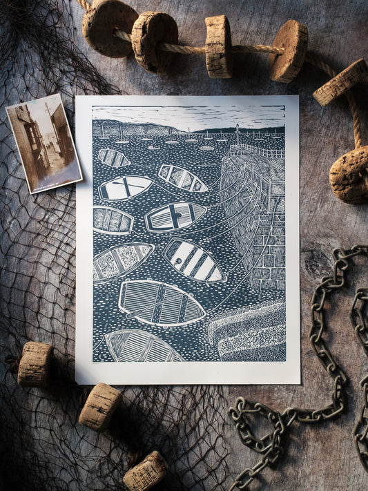 Nine Boats, Fish Strand Quay, Falmouth Lino Print