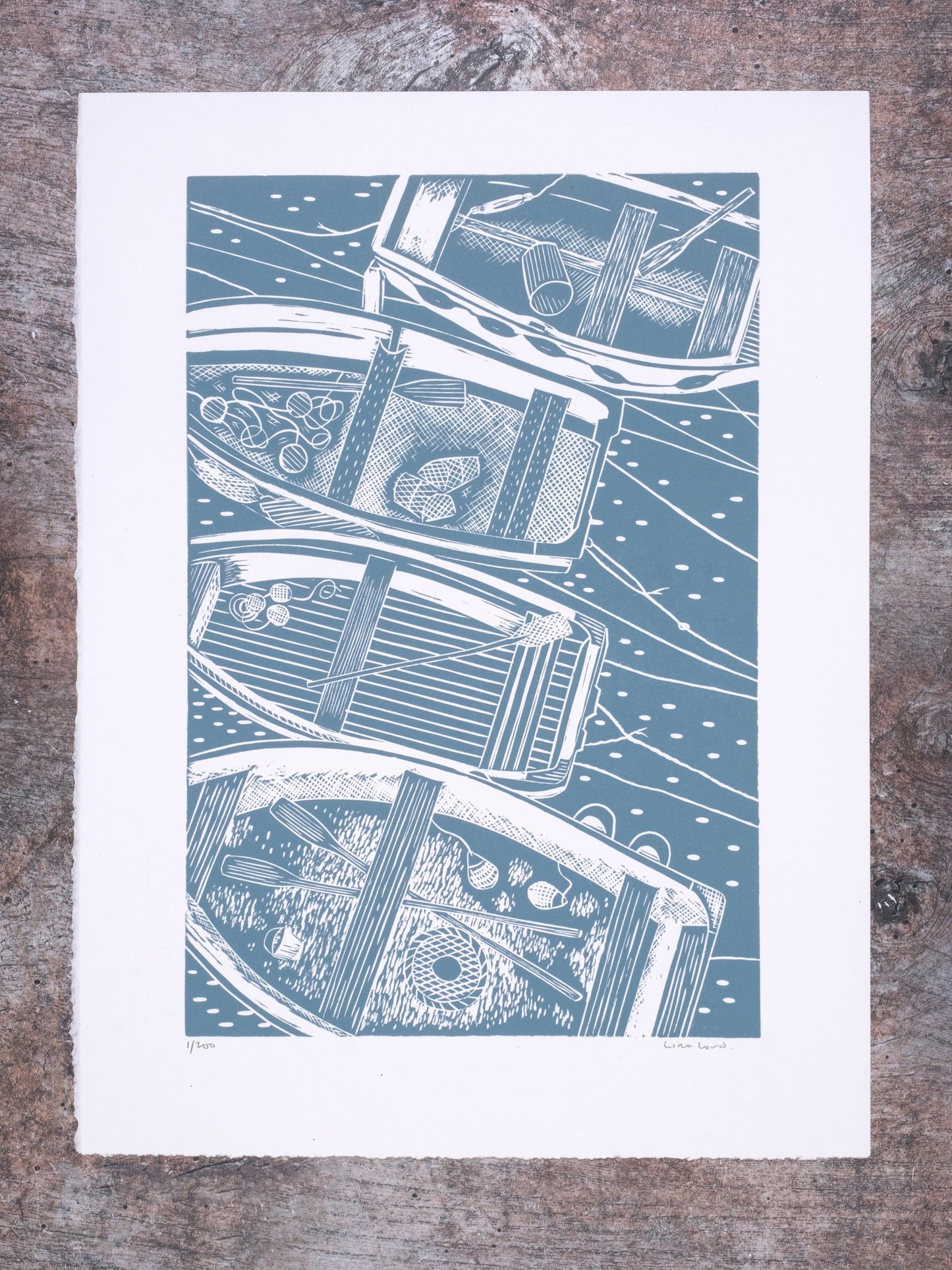 Four Rowing Boats, Powder Blue Lino Print
