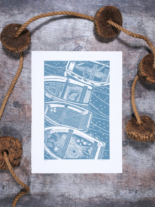 Four Rowing Boats, Powder Blue Lino Print
